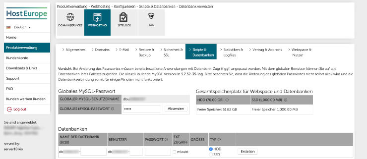 HOSTEUROPE-Bild05b: Kundenbackend Produktverwaltung - Webhosting - Übersichtseite der angelegten Datenbanken